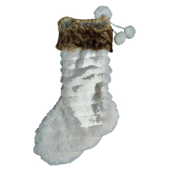 Merry Brite 21 inch Faux Fur Christmas Stocking With Pom Poms - Picture 4 of 4
